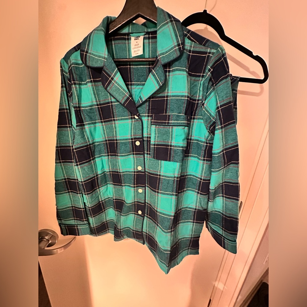 Lands' End Flannel Two Piece Button Down Teal and Navy PJs